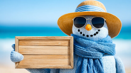 Snowman wearing sunglasses and hat at beach holding a sign  