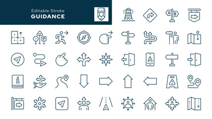 Guidance. Set of outline icons. Pointer, direction of movement, orientation, navigation, map, signboard, exit, enter, path, route and more. Line icon in linear style. Vector collection 