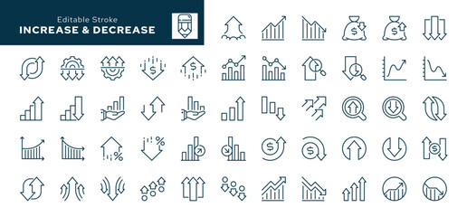 Increase and decrease. Set of outline icons. Profit, stock market, growth, fall, arrow up, down and more. Line icon in linear style. Vector collection © PaHa