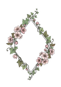 Elegant floral wreath design with delicate pink and white flowers and green leaves isolated on transparent background