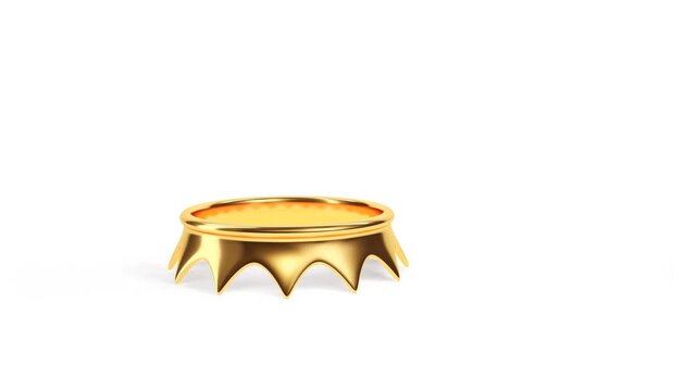 A golden royal crown falls and flips over on a white background. Royal symbol of luxury, success, and monarchy.  