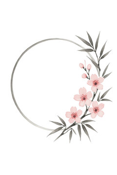 Elegant floral wreath design with delicate pink flowers and green foliage on a neutral background isolated on transparent background