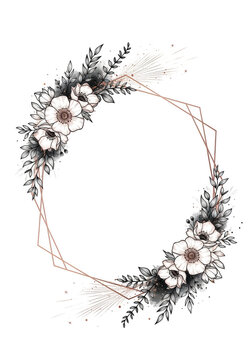 Elegant floral wreath design with delicate white and dark flowers on a neutral background isolated on transparent background