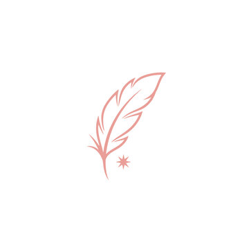 Minimalist rose gold feather logo on white background with star
