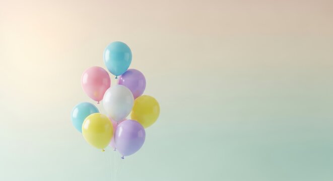 colorful balloons floating in pastel sky
