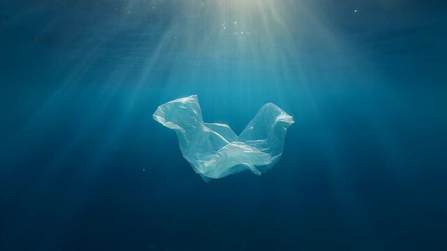 Floating plastic bag underwater with sun rays, slow motion, seamless loop, symbolizing ocean pollution and environmental concern