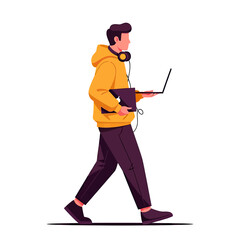 Fototapeta premium Young Professional Walking with Laptop and Headphones, Embracing Digital Work