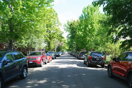 Residential street with parked cars on both sides in a suburban neighborhood on a sunny day. Street parking with vehicles, asphalt road, sidewalks and green trees.