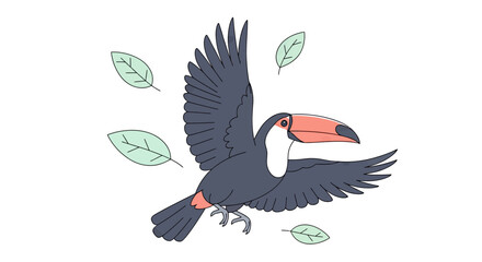 Fototapeta premium Vibrant tropical toucan bird flying gracefully amidst lush green leaves