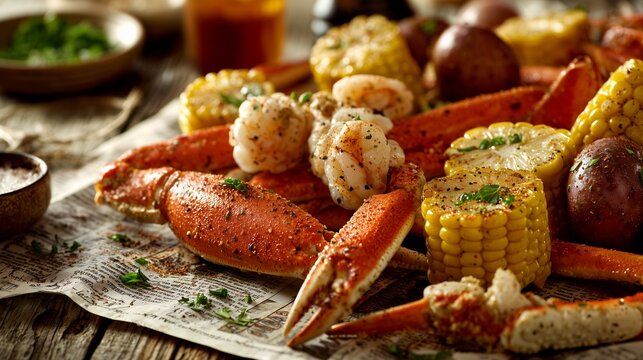 Delicious seafood boil with snow crab legs, shrimp, grilled corn and potatoes on newspaper over wooden table, concept for culinary menu, seafood festival and restaurant advertising