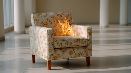 Floral Armchair on Fire in Bright Minimalist Room