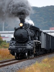 Obraz premium Historic steam locomotive traversing scenic countryside landscape