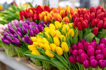 Fototapeta premium Colorful tulip bouquets creating vibrant spring market display