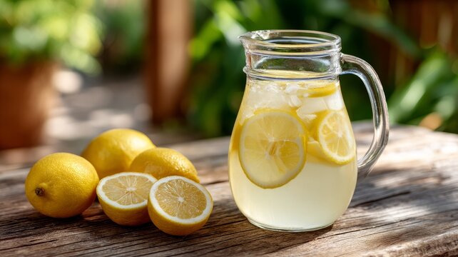 Refreshing homemade lemonade in glass pitcher with lemons on rustic wooden table