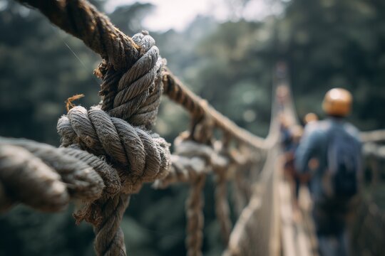 Close up of a strong thick rope knot on a suspension bridge in a tropical forest with blurred people in the background, concept for executive team building, leadership and corporate retreats