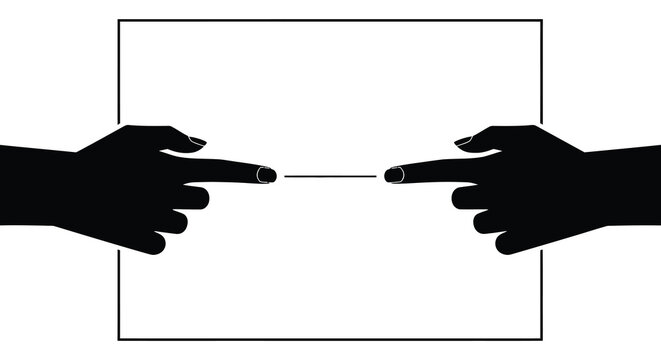 Two hands reaching towards each other almost touching with a black outline