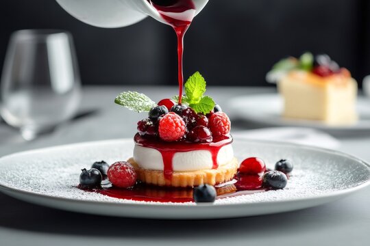 Pouring mixed berry sauce on panna cotta tart