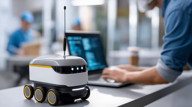 Robotics engineer creating and programming autonomous delivery robots designed for urban package delivery, defocused modern robotics lab, delivery robot programming, urban robot