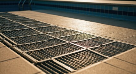 Perspective of a pool deck with metal grating and submerged tiles, sunlit, blue water visible