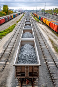 Freight train carrying aggregate on multiple railway tracks