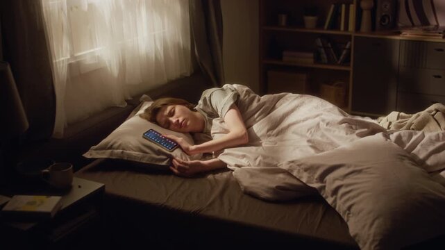 Young adult woman looking at phone screen with missed calls while lying in bed during morning then curling up with blanket ignoring responsibilities
