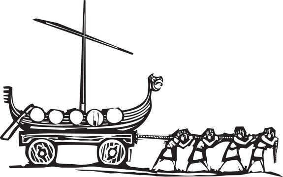 Woodcut style image of vikings dragging their longboat across land.