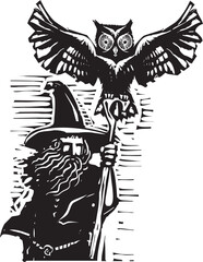 Fototapeta premium Woodcut style image of Merlin or any wizard with an owl on his staff