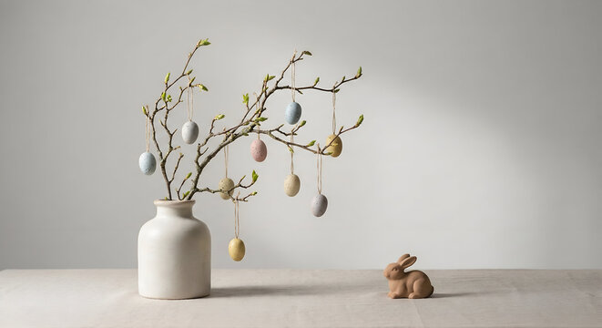 Decorative Easter egg tree branches with hanging pastel eggs spring home decor