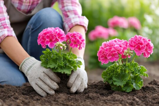 Gardener planting pink geraniums into fresh soil