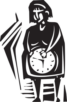 Woodcut expressionist image of a pregnant woman with a biological clock