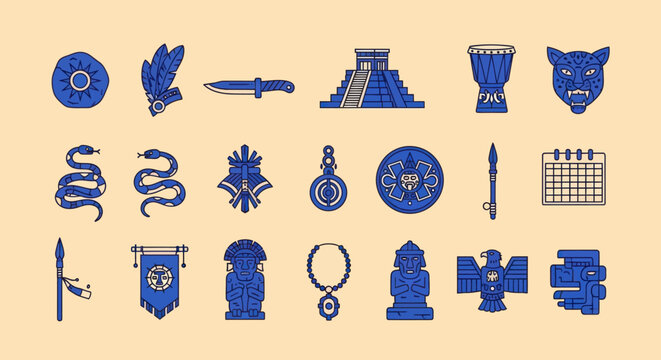 Aztec Civilization Icons: Jaguar, Pyramid, Feather, Snake, Calendar, Symbols