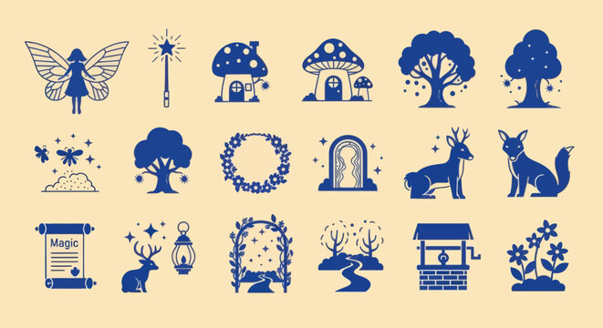 Enchanted Forest Icons: Fairy, Mushroom Houses, Deer, Trees, Magic Elements