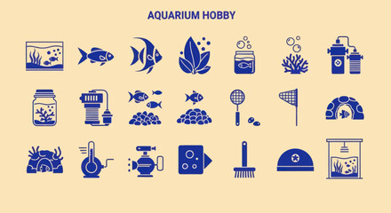 Obraz premium Aquarium Hobby Icons: Fish, Coral, Filters, Plants, and Equipment Set