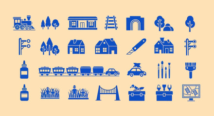 Model Train Railway Diorama Building Set Icons Collection © intaniaayu