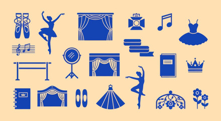 Ballet Icon Set: Dancers, Pointe Shoes, Stage, Tutu, Crown, Music Notes © intaniaayu