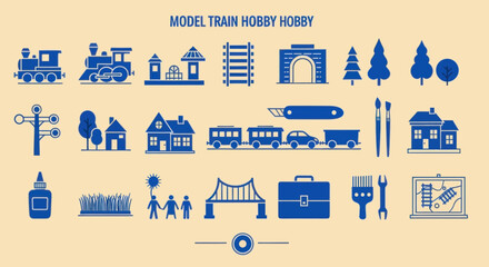 Model Train Hobby Icons Set: Locomotives, Tracks, Scenery, Tools, and People © intaniaayu