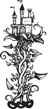 Woodcut style fairy tale castle on a beanstalk 