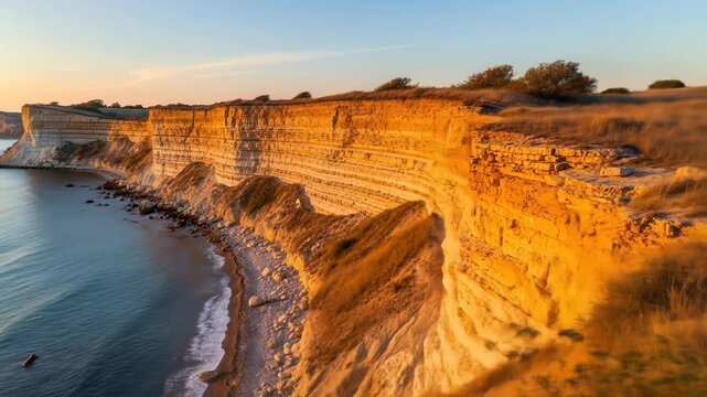 A serene coastal landscape with layered cliffside, calm waters, and sunset hues