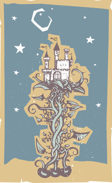 Woodcut style fairy tale castle on a beanstalk 
