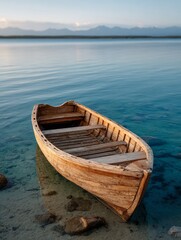 Obraz premium Wooden rowboat floating on calm lake with mountain backdrop at sunrise
