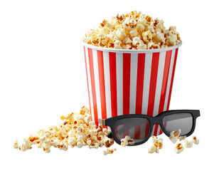 3D Movie Watching Setup with Popcorn and Glasses, Banner-Style Concept for Web and Streaming, Isolated PNG © SABBIRAHMAD