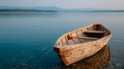 Obraz premium Wooden rowboat floating on serene lake during sunrise