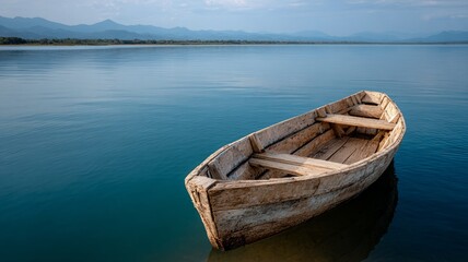 Obraz premium Wooden boat floating on calm lake with mountain backdrop