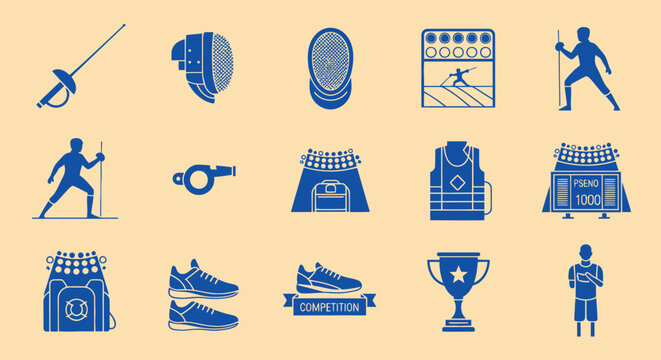 Fencing Sport Icons Set - Equipment, Athlete, Trophy, Whistle, Shoes