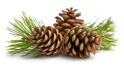 Three Pine Cones with Green Pine Needles on White Background.