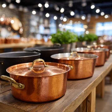Copper cookware displayed on wooden table in kitchenware store