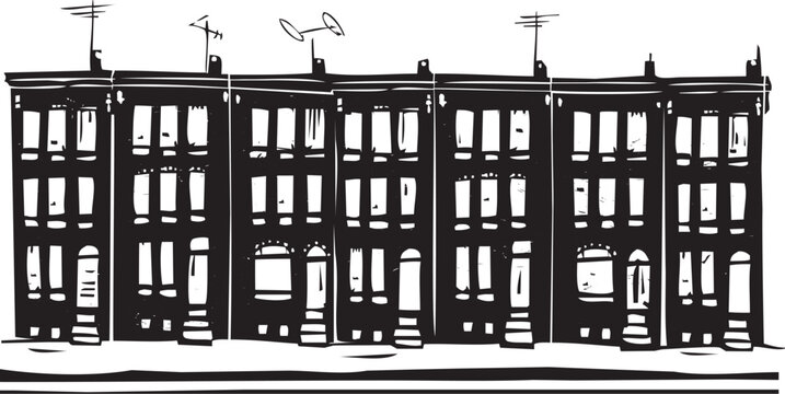 Woodcut expressionist image of a line of urban rowhouses with tv antennas