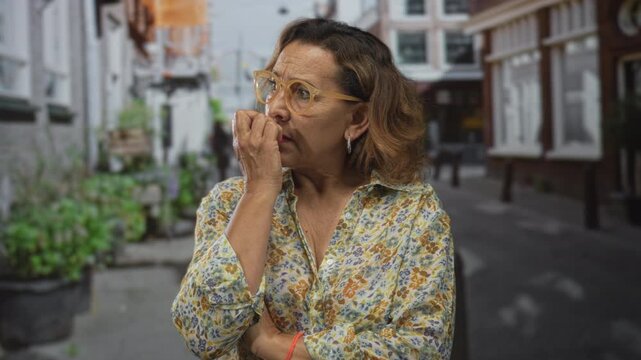 Hispanic middle aged woman in yellow framed glasses biting her fingernails with crossed arms on a narrow street; anxiety.