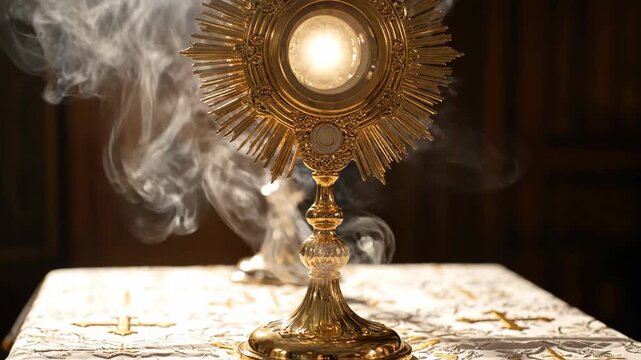 Golden monstrance on an altar veil with rising incense smoke in a church setting for religious worship.