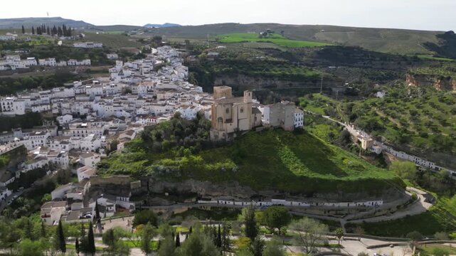 Drone orbit around church &ndash; Setenil de las Bodegas, Andalusia, Spain